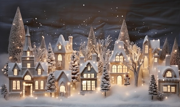 small house christmas trees and winter background