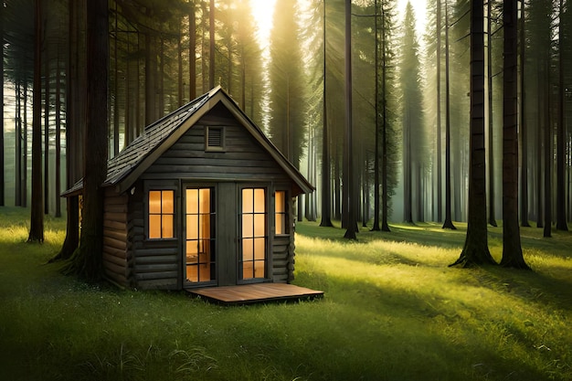 A small house in a forest with the lights on