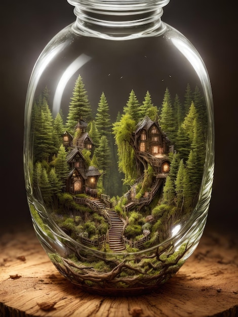 A small house in a glass jar is covered in trees and a forest.