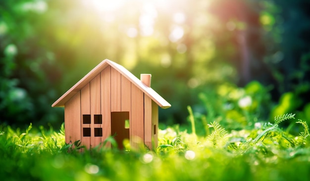 A small house on the grass in front of a sunlit background