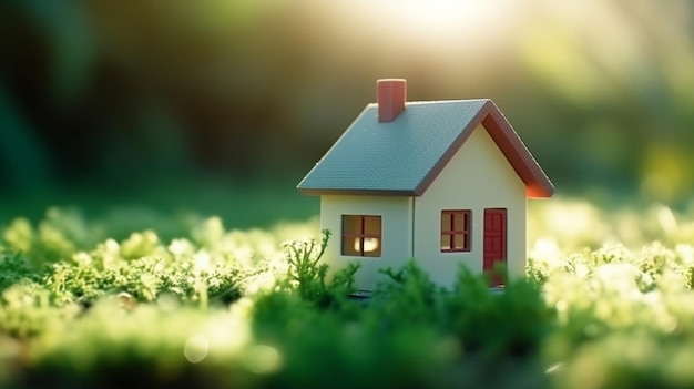 A small house on a green field with the word home on the front