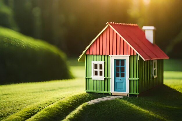 Photo a small house on a green lawn with a bright blue door.