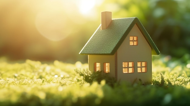 A small house on a green lawn with the word home on the front