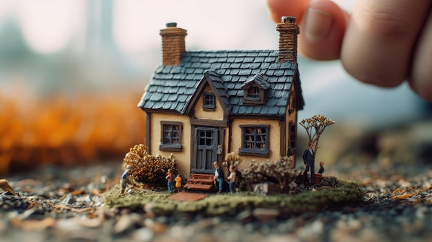 A small house in hand as a real estate concept of affordable housing Sale and purchase of houses outside the city suburbs Renting a house in real estate companies Real estate insurance Generative AI