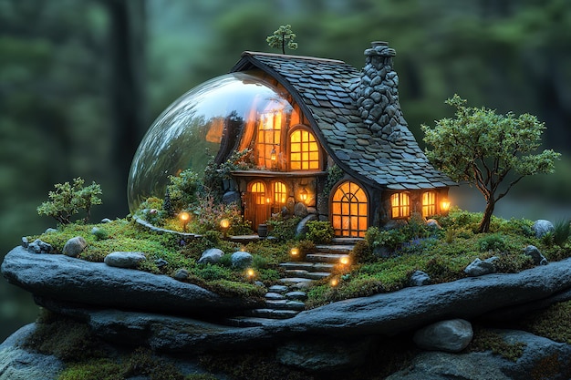 Photo a small house is built on a rock with a glass dome