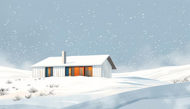 A small house is covered in snow and sits on a snowy hill