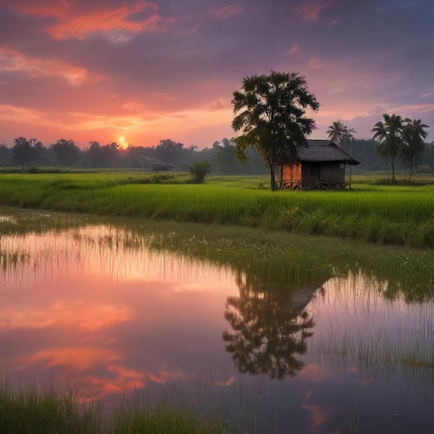 a small house is reflected in the water with a tree in the background