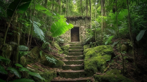 Photo a small house in the jungle with a wooden door in the middle.