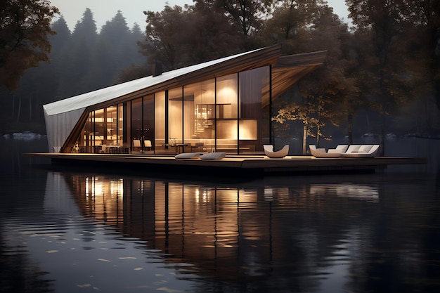 small house in a lake on a large deck cabin style