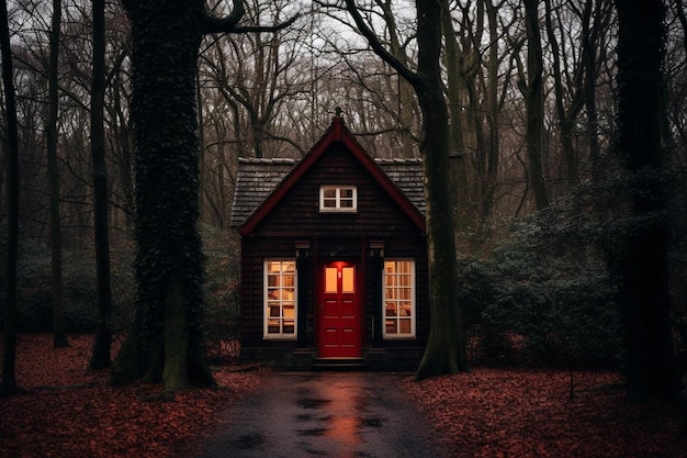 Small house in the middle of forest with book in front of it