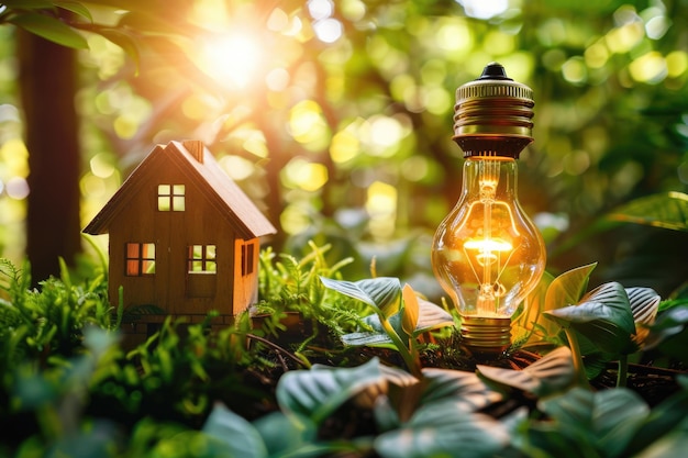 Photo a small house model on the grass and a light bulb