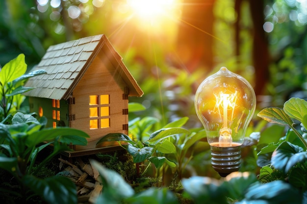 A small house model on the grass and a light bulb