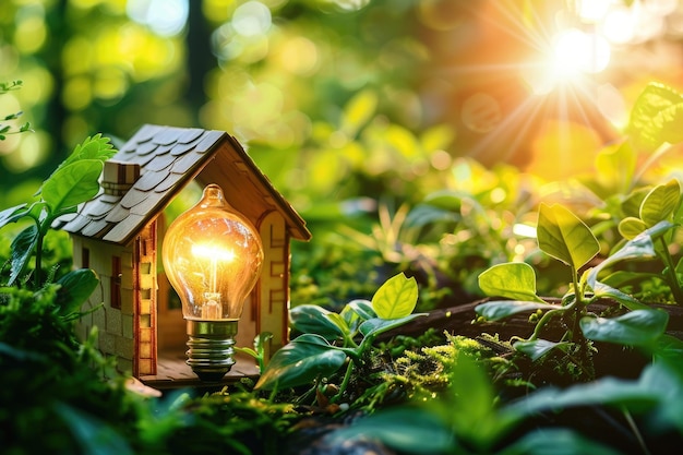 A small house model on the grass and a light bulb