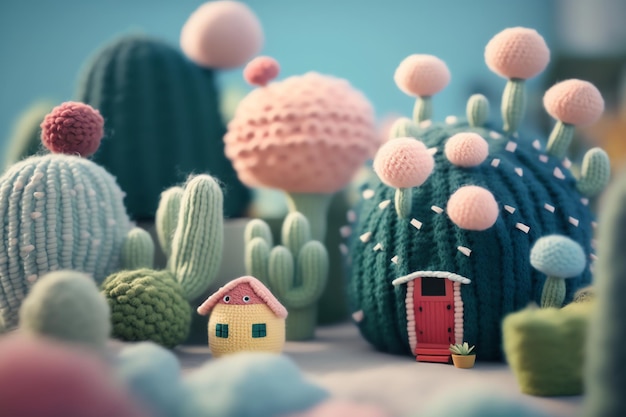 A small house sits among cactuses in a desert scene.