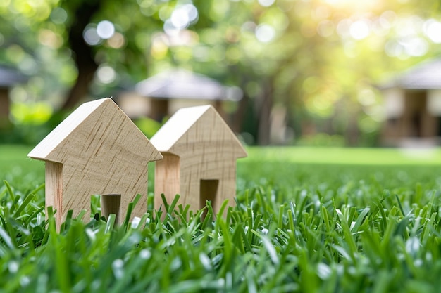 a small house sits in the grass with a house in the background