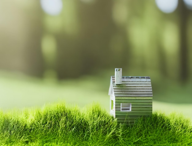 A small house sits on a grassy field with a green field in the background.