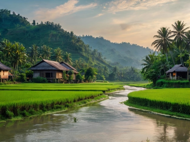 a small house sits in the middle of a rice field