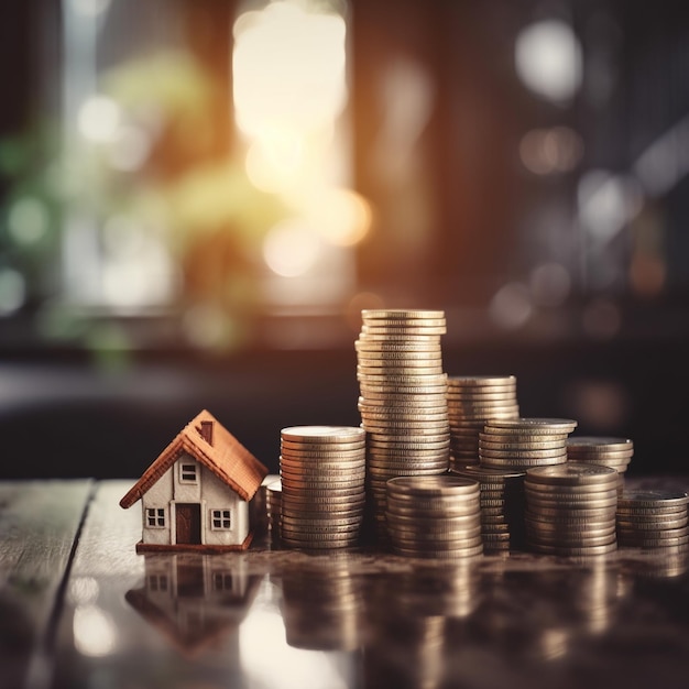 A small house sits next to a stack of coins.