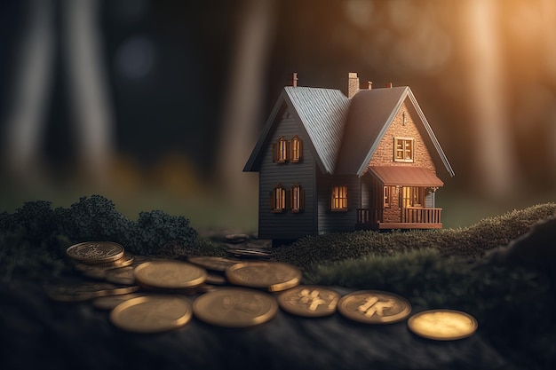 A small house sitting on top of a pile of gold coins generative AI