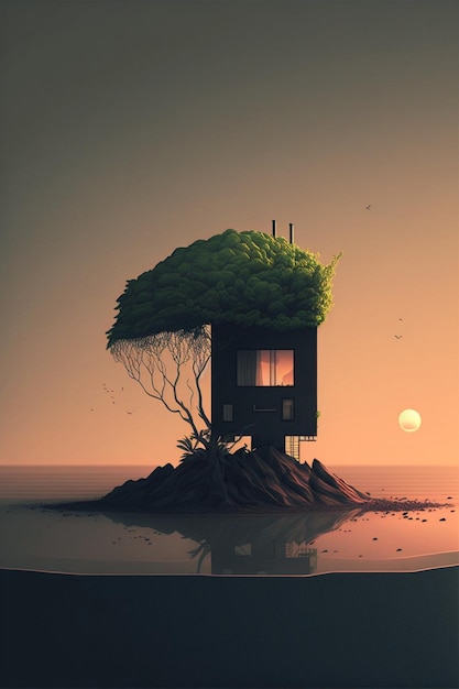 Small house sitting on top of a small island generative ai