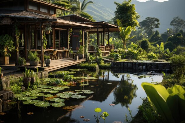 Small house surrounded by the serenity of green rice fields fish ponds and vegetable gardens