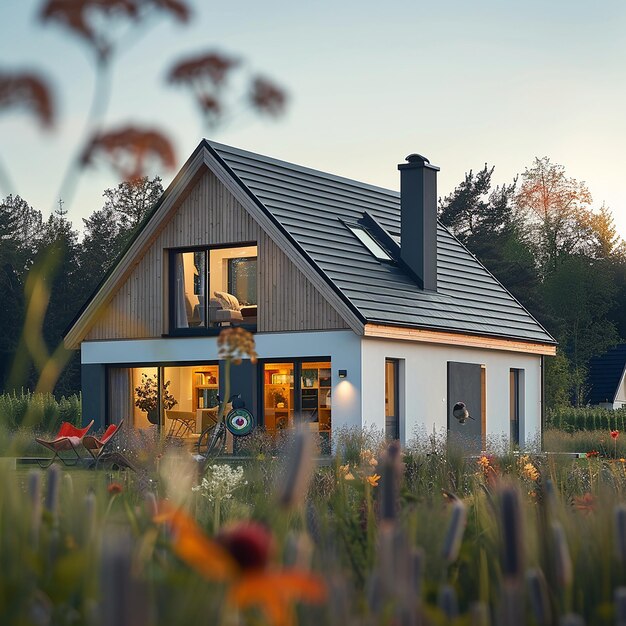 a small house with a black roof and a white house with a sign that says quot home quot