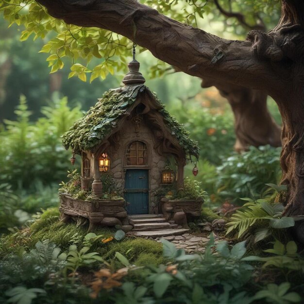 Photo a small house with a blue door and a tree in the background