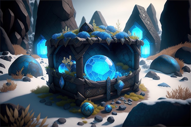 A small house with blue glass crystals in the middle of a snowy landscape.