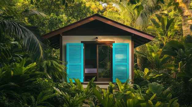 Photo a small house with blue shutters and a blue shuttered window