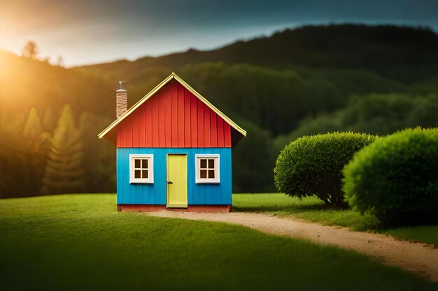 Photo a small house with a bright yellow door stands on a green lawn.