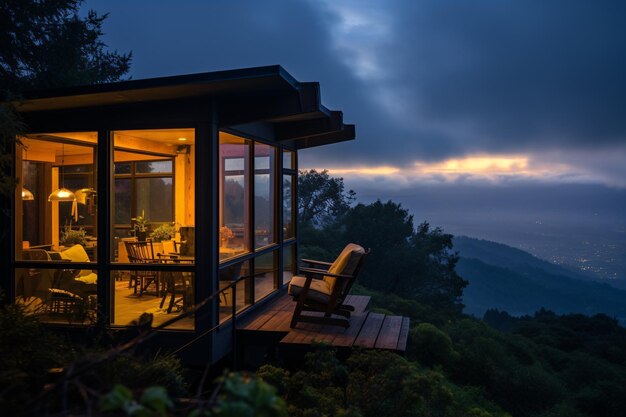 a small house with a chair on a deck overlooking a valley