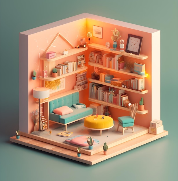 A small house with a couch and a table with books on it.