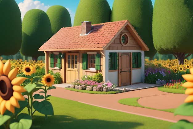 A small house with a garden in front of it