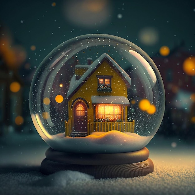 A small house with glowing windows in a glass ball a New Year39s exposition a toy