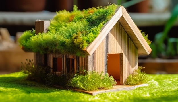 A small house with a green roof and a grass roof.