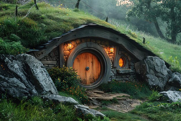 Photo a small house with a green roof and a wooden door