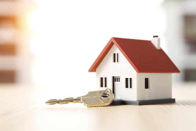 A small house with a key in front of it symbolizing homeownership or security