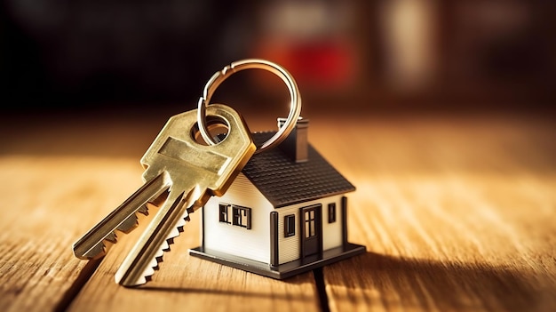 A small house with keys on a wooden table