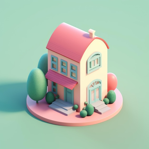 A small house with a pink roof and a pink roof.