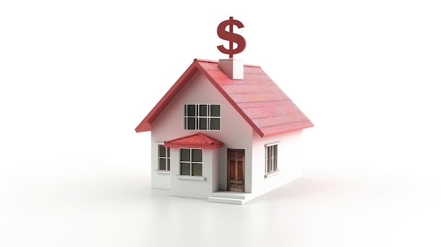 Small house with a red roof and a dollar sign on top symbolizing real estate investment and property value on a white background