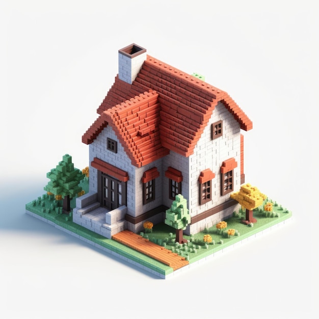 A small house with a red roof and a small garden.