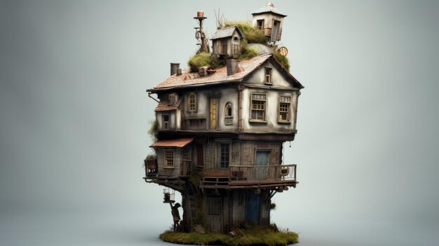 A small house with a tree growing on its roof creating a unique and unexpected sight