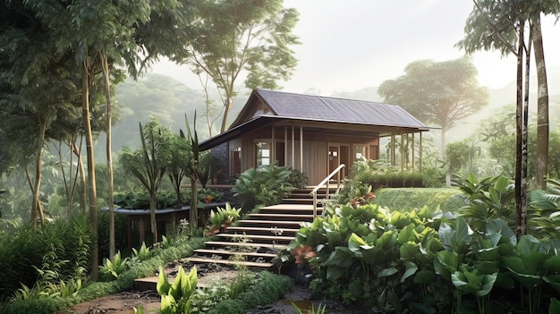 A small house with a vegetable garden during nature Live a simple life in the countryside of Thailand Generative AI