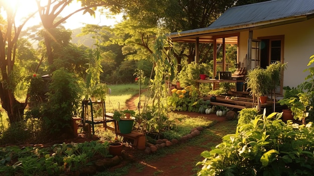 A small house with a vegetable garden during nature Live a simple life in the countryside of Thailand Generative AI