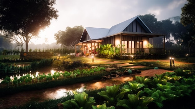 A small house with a vegetable garden during nature Live a simple life in the countryside of Thailand Generative AI