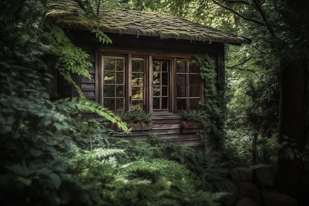 A small house in the woods with a green roof and a window with the word forest on it.