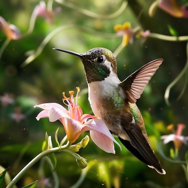 A small hummingbird in the flower garden