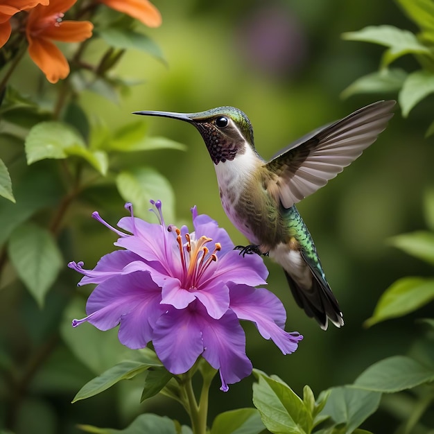 A small hummingbird in the flower garden