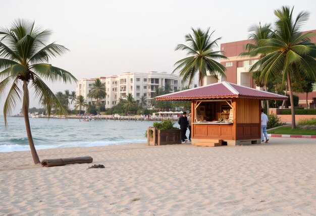 a small hut on the beach with a red roof