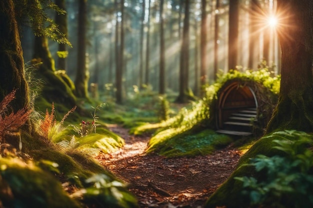 a small hut in a forest with the sun shining through the trees